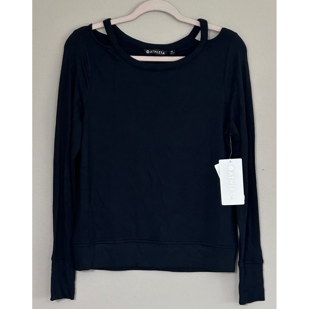 Athleta Cutout Neck Sweatshirt Black Cold Shoulder Long Sleeve 352951 XS